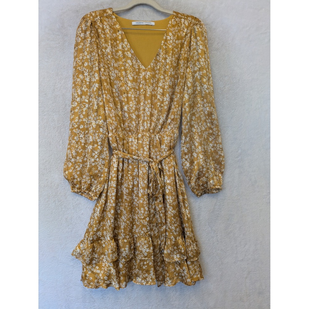 Collective Concepts Mini Dress Women's L Mustard Yellow Floral Metallic‎ Ruffle